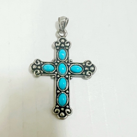 Silver signed 925 turquoise Native American Cross Pendant - Picture 2 of 4
